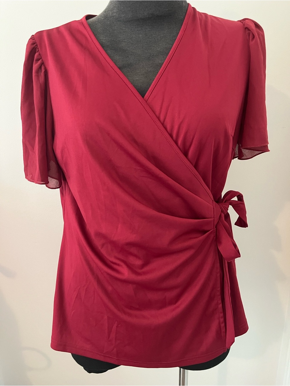 NWT Grace Karin Burgundy Wrap Tie Short flowing Sleeve Blouse Size L